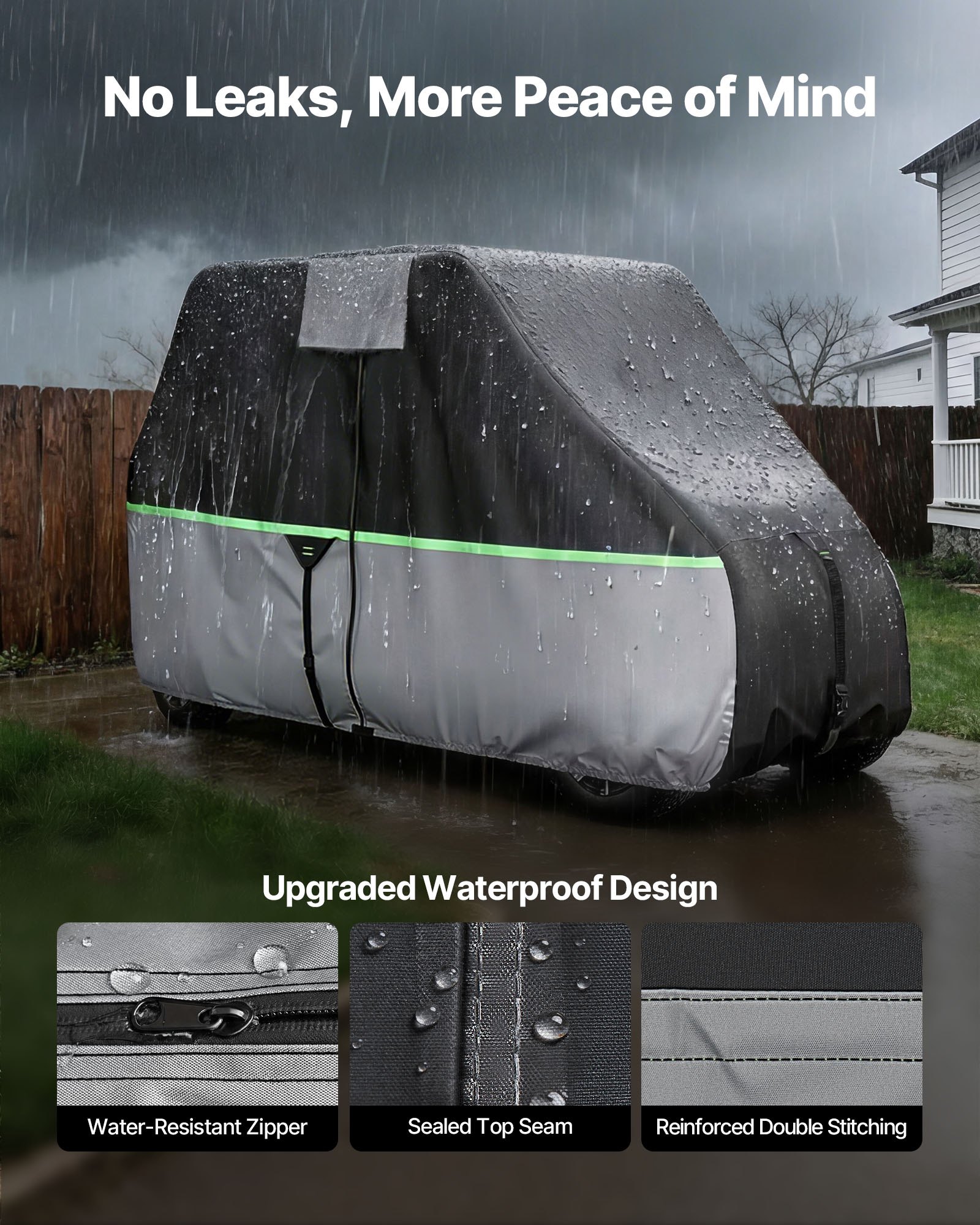 VEVOR golfkarhoes voor 2+2/4-zits golfkarren (de meeste golfkarren van Club Car, Yamaha, EZGO en Honda), regenhoes gemaakt van 600D Oxford-stof, met PU-coating en 3 deuren met ritssluiting.