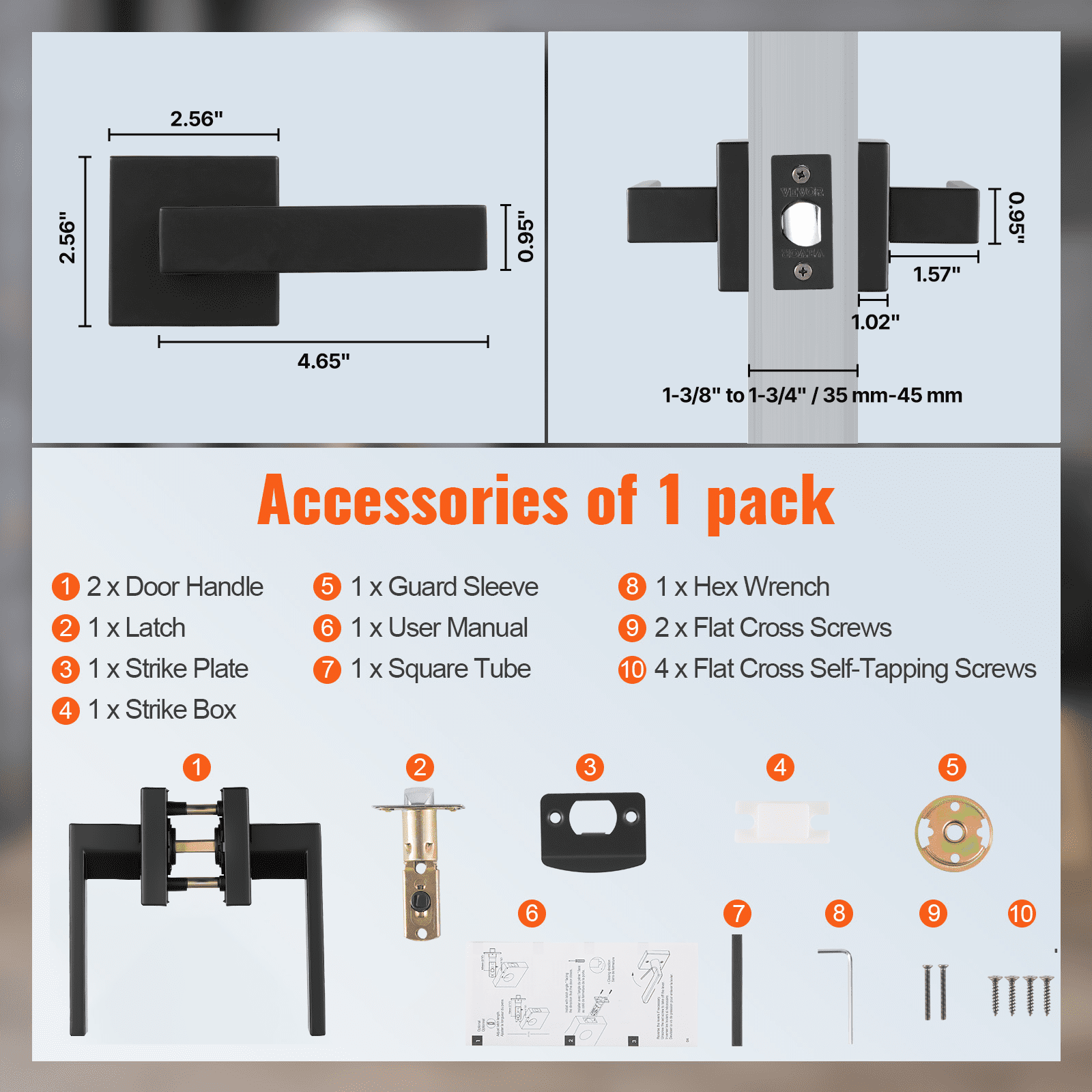 VEVOR Passage Door Handle, 6 Pack Matte Black Door Lever, Left or Right Handing Reversible Lever Non-Locking, 45° Rotation to Open, Universal Square Interior for Hallways, Closets, Meeting Spaces