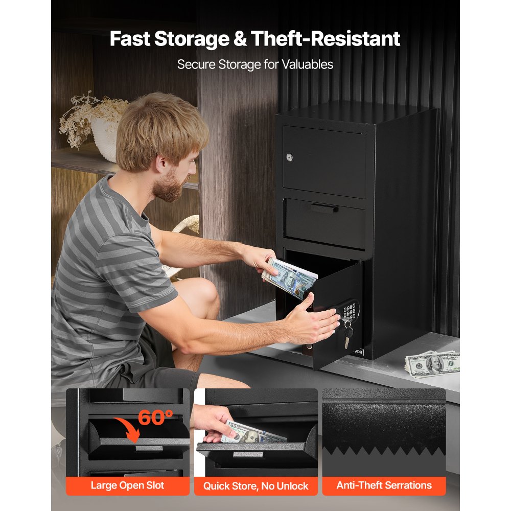 VEVOR Drop Safe 3,6 kubieke voet drop safe met grote gleuf in het midden, drop cabinet safe met toetsenbord & 3 niveaus & reservesleutels voor contant geld bankontvangstdocument