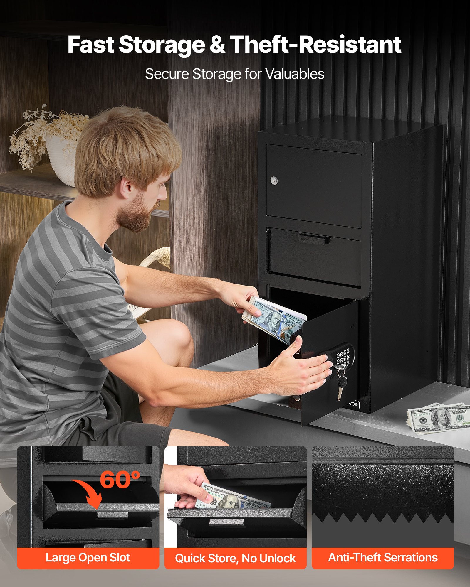 VEVOR Drop Safe 3,6 kubieke voet drop safe met grote gleuf in het midden, drop cabinet safe met toetsenbord & 3 niveaus & reservesleutels voor contant geld bankontvangstdocument