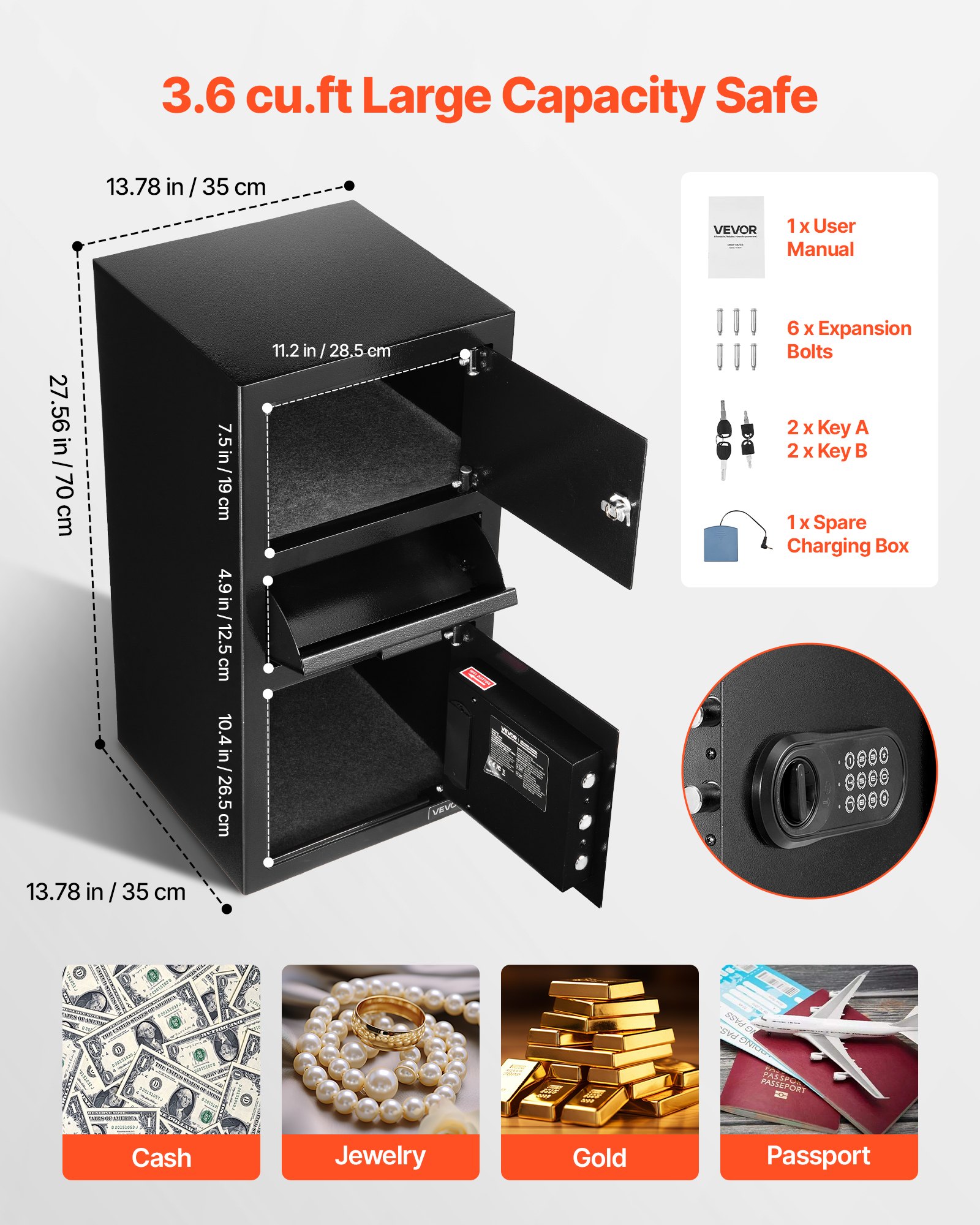 VEVOR Drop Safe 3,6 kubieke voet drop safe met grote gleuf in het midden, drop cabinet safe met toetsenbord & 3 niveaus & reservesleutels voor contant geld bankontvangstdocument