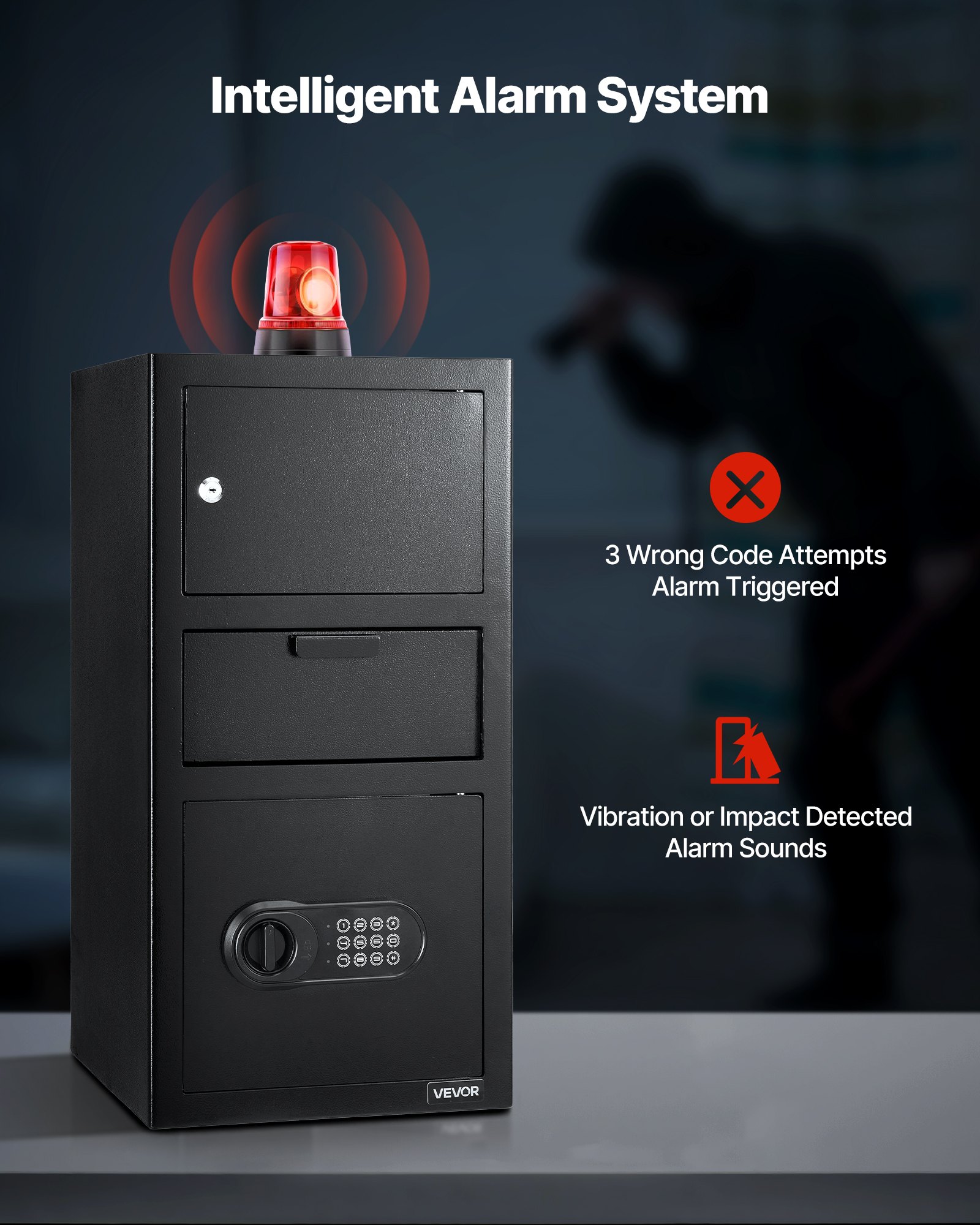 VEVOR Drop Safe 3,6 kubieke voet drop safe met grote gleuf in het midden, drop cabinet safe met toetsenbord & 3 niveaus & reservesleutels voor contant geld bankontvangstdocument