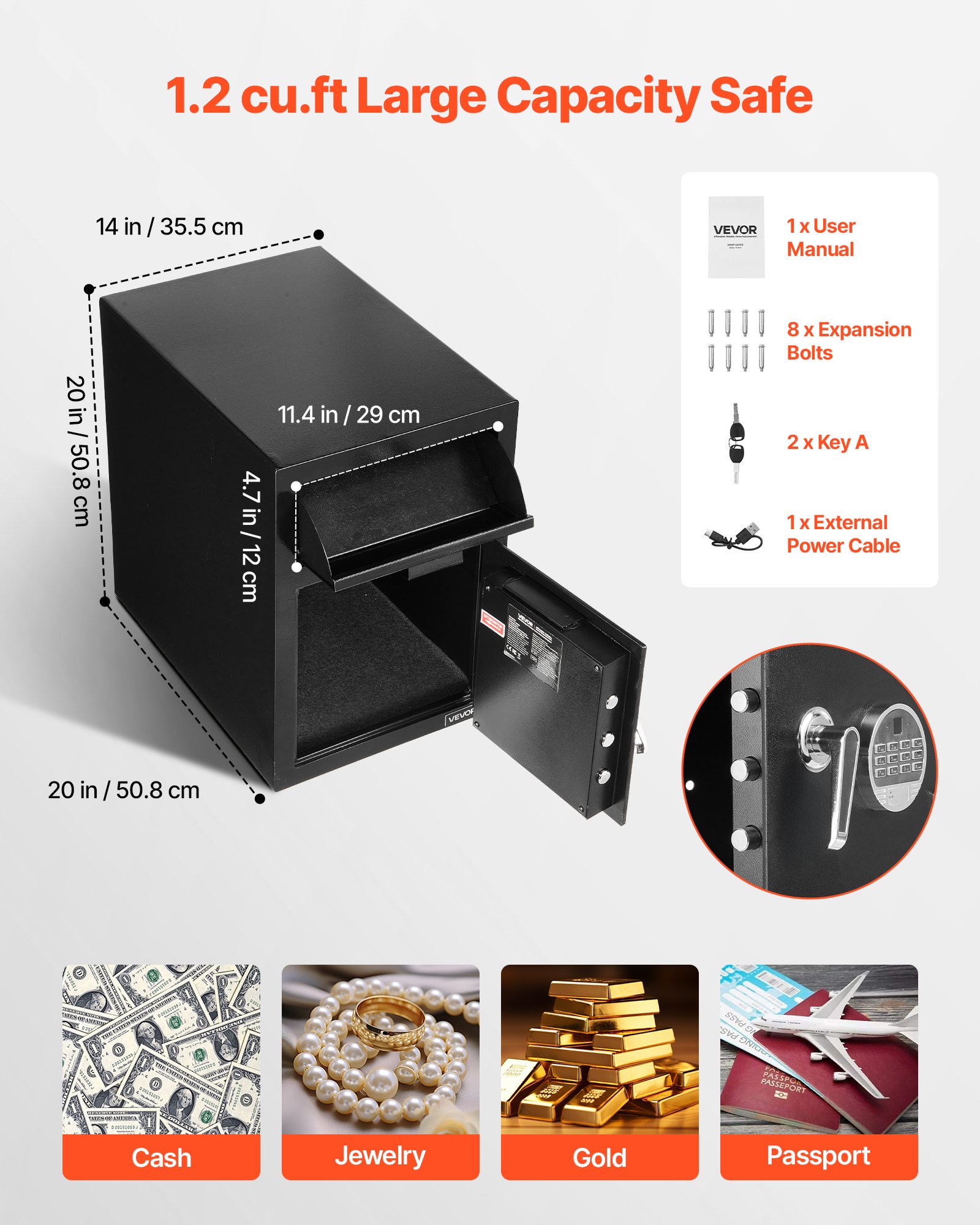 VEVOR Drop Safe 1,2 kubieke voet drop safe met grote voorsleuf, drop cabinet safe met digitaal toetsenbord & 2 niveaus & reservesleutels voor contant geld bankontvangsten