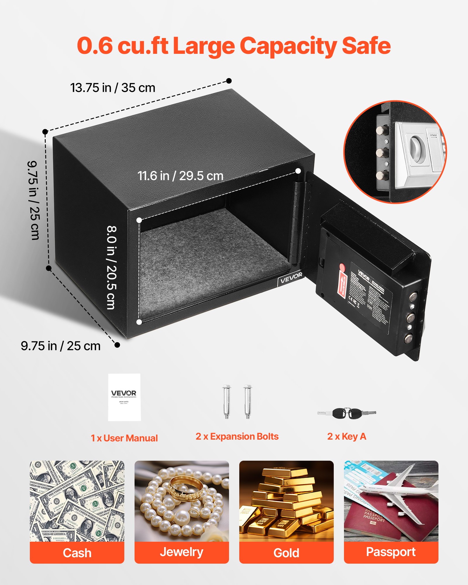 VEVOR Drop Safe 0,6 kubieke voet drop safe met handige drop gleuf aan de voorkant, drop cabinet safe met toetsenbord & draaiknop & 2 sleutels voor contant geld bankbonnen factuur