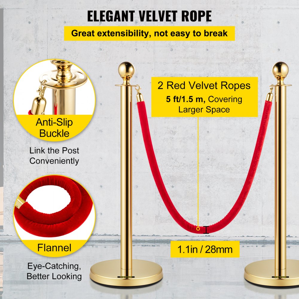 VEVOR Velvet Ropes and Posts, 5 ft/1.5 m Red Rope, Stainless Steel Gold Stanchion with Ball Top, Red Crowd Control Barrier Used for Theaters, Party, Wedding, Exhibition, Ticket Offices 4 packSets