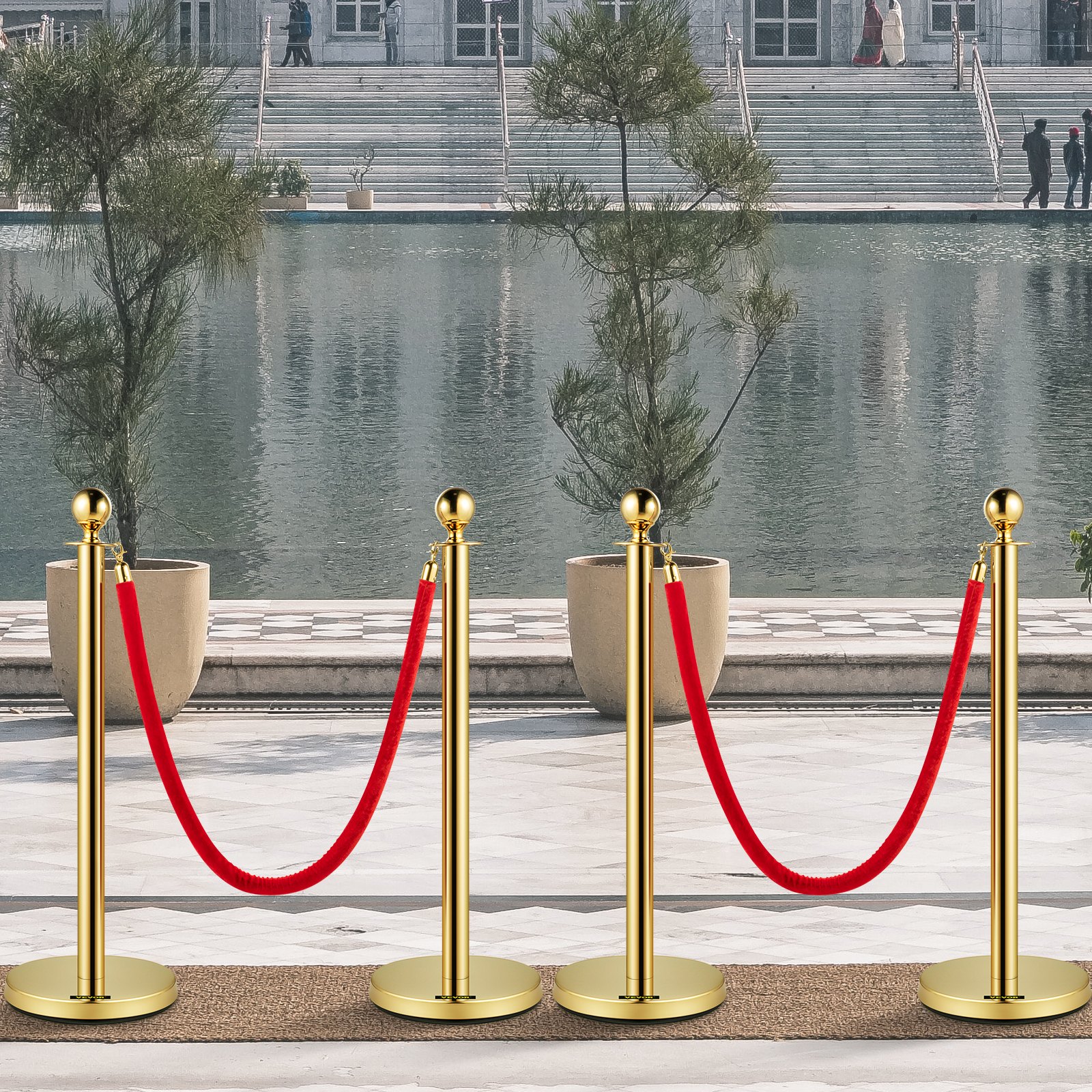 VEVOR 4-delig crowd control systeem, totale hoogte 96 cm, barrière, afzetpaal, geleidingspaal, afzetpaal met 1,5 m touwlengte voor bruiloften, hotels, tentoonstellingen, gouden afzetpaal