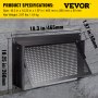 VEVOR flood vent, black metal vent on a gray concrete wall with product specifications