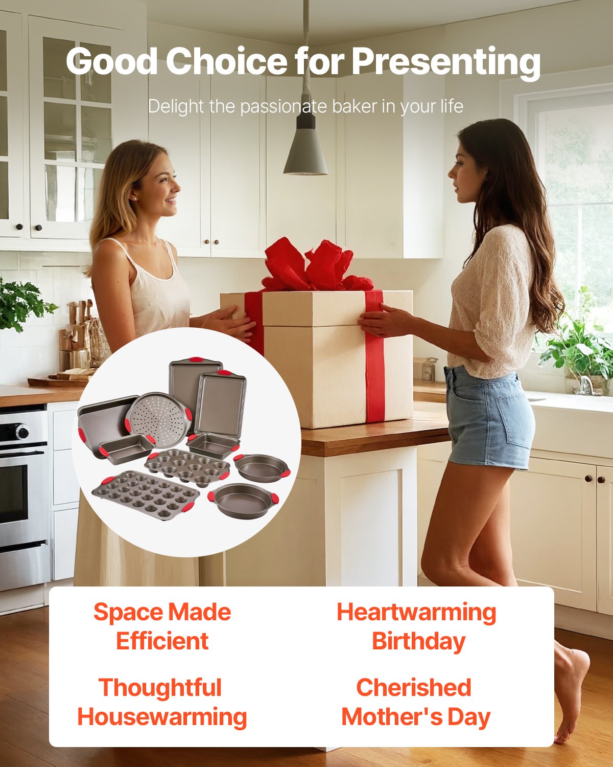 VEVOR Baking Pans Set, 10-Piece, Nonstick Carbon Steel Cookware Sheets & Trays, Stackable Kitchen Oven Bakeware Cooking Sets with Silicone Handles, Easy to Clean, for Baking Cookie Cake Muffin Bread