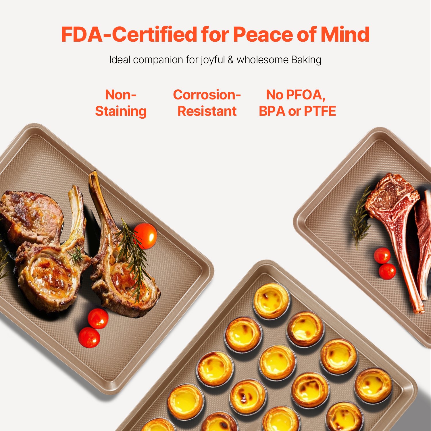 VEVOR Baking Pans Set, 3-Piece, Nonstick Carbon Steel Cookware Sheets & Trays, Stackable Kitchen Oven Bakeware Cooking Sets with Silicone Handles, Easy to Clean, for Baking Cookie Cake Muffin Bread