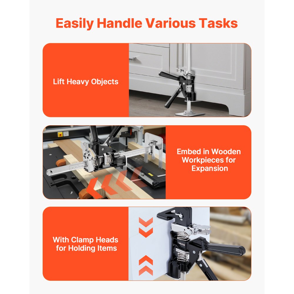 VEVOR Labor Saving Arm Jack, 2 PCS 200 kg Bearing Capacity, Lifting up to 235 mm, Metal Hand Lifting Jack Tool with Magnetic Level, 2 Adjustment Modes, for Door, Window, Furniture, Woodworking, Black