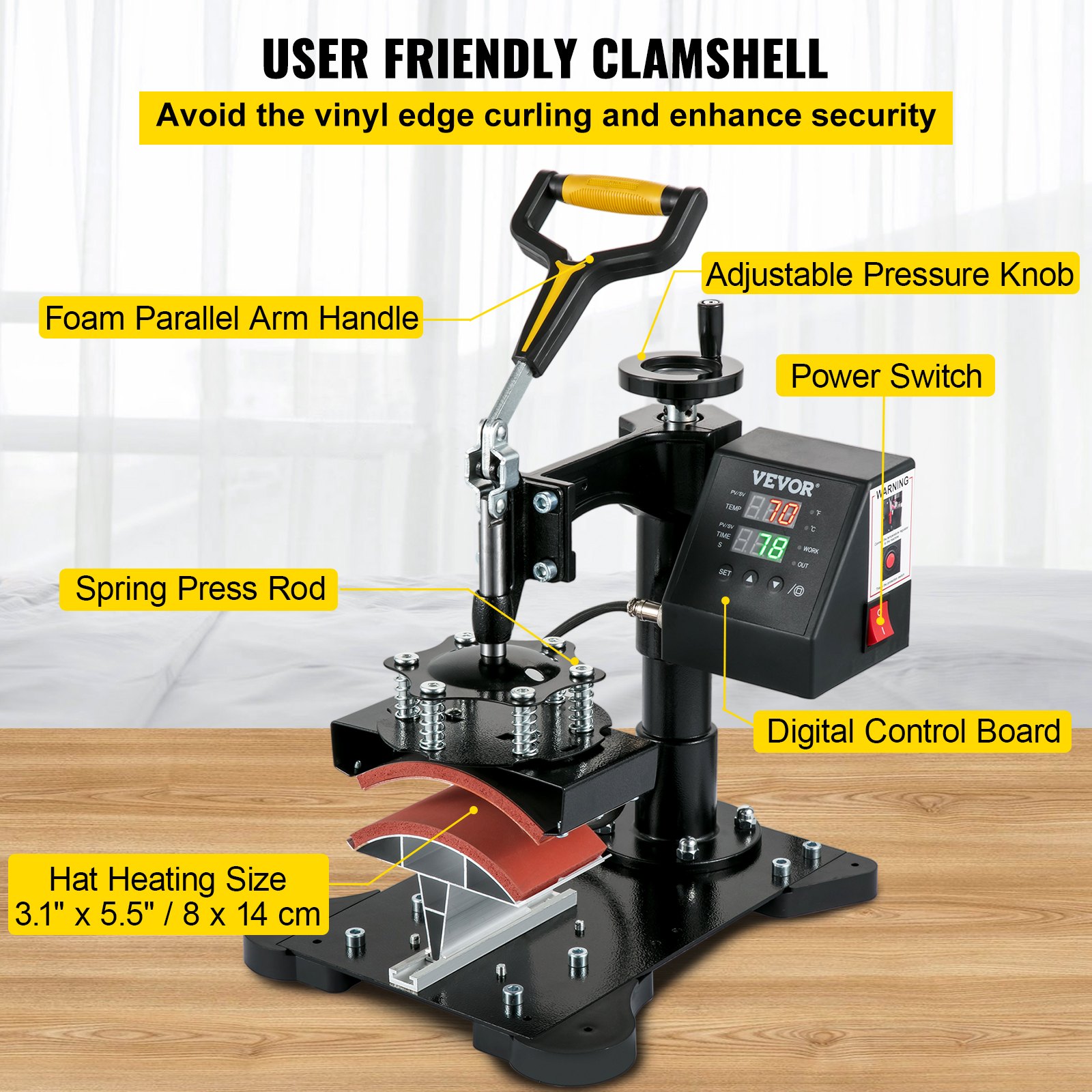 VEVOR Heat Press 300W Heat Press Cap Hat Heat Press Sublimatiepers