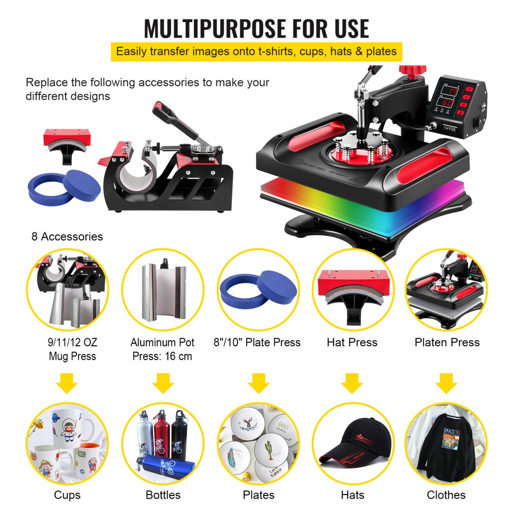Vevor Heat Press Machine Heat Press Printer 8 In 1 Transferpers 29x38cm Rood