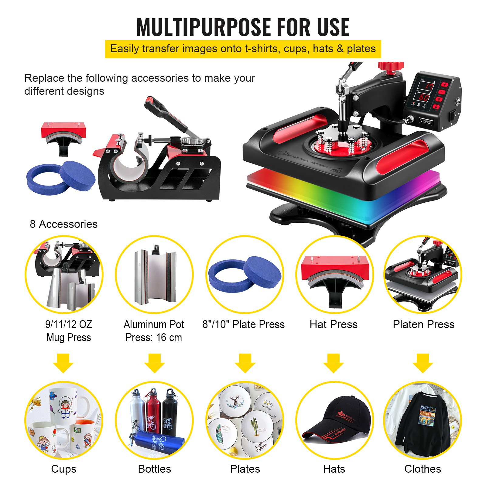 Vevor Heat Press Machine Heat Press Printer 8 In 1 Transferpers 29x38cm Rood