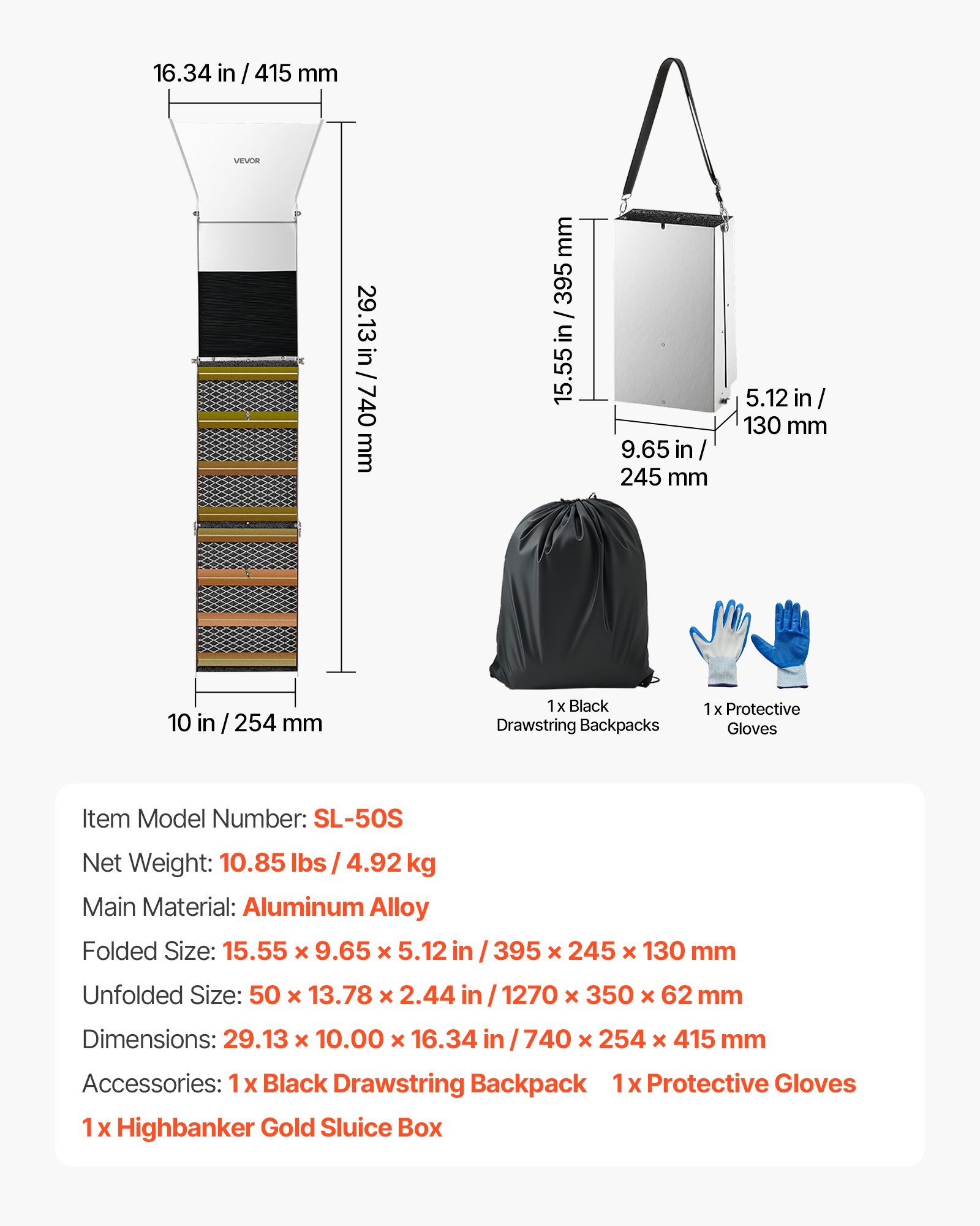 VEVOR Highbanker goudsluis 127 cm, 2-in-1 opvouwbare highbanker sluis, aluminiumlegering, mijnbouwuitrusting met rugzak en beschermende handschoenen, ideaal voor beken, rivieroevers en rivieren.