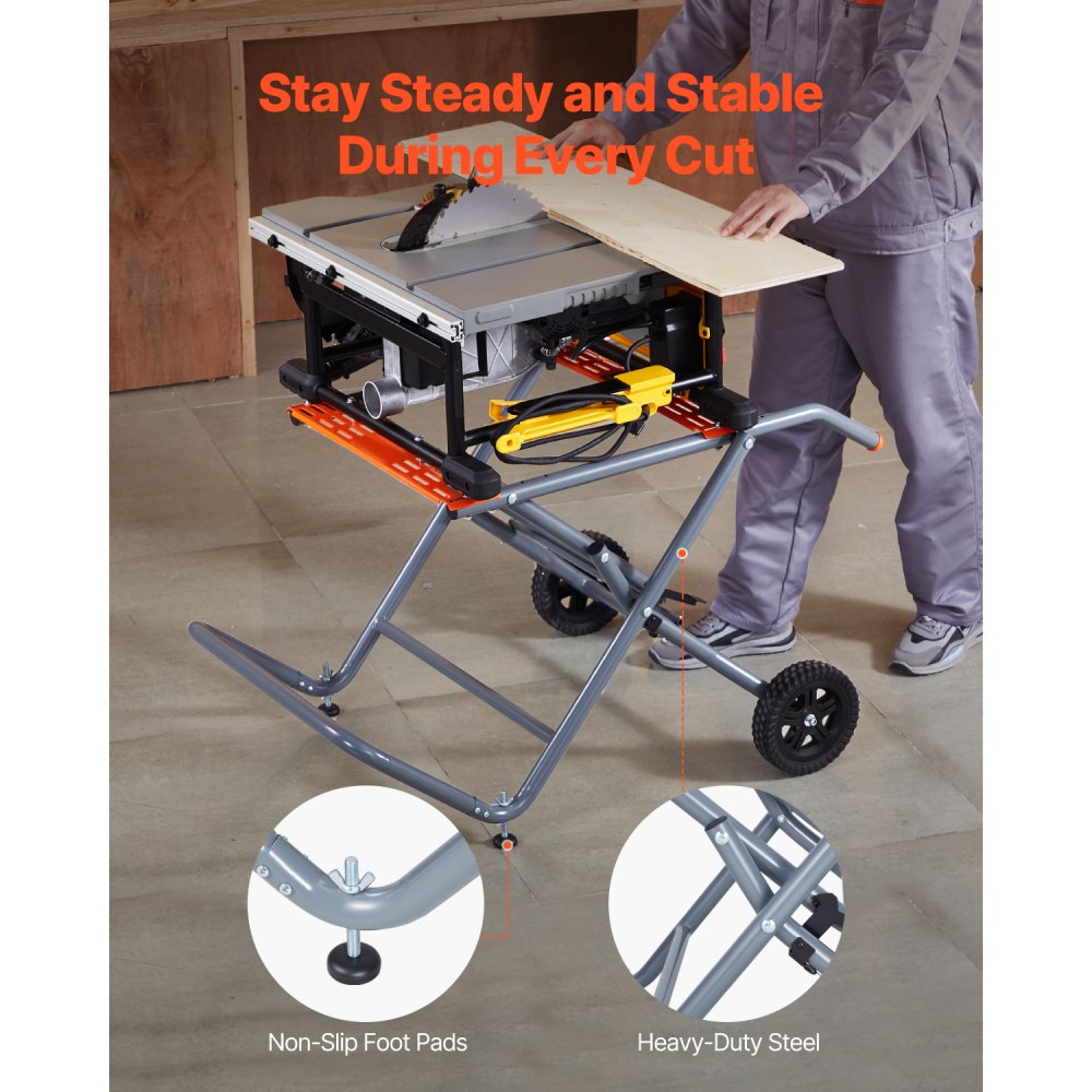 VEVOR Portable Table Saw Stand, 350 lbs Load Capacity, Rolling Foldable Table Saw Table with 8 Inches Rubber Wheels, Heavy Duty Construction, Easy Storage, Universal for Most Brands of Table Saws