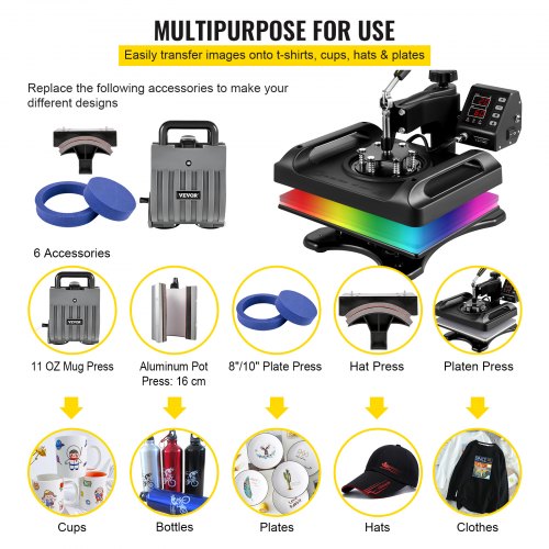 VEVOR Heat Press Machine, 6 in 1 Heat Press Printer 29 x 38 cm Heat Transfer Machine 45,2 x 38 x 45,7 cm Textielpers Drukmachine, Zwart T-Shirt Heat Press Kleding Heat Press Drukkerij Machine