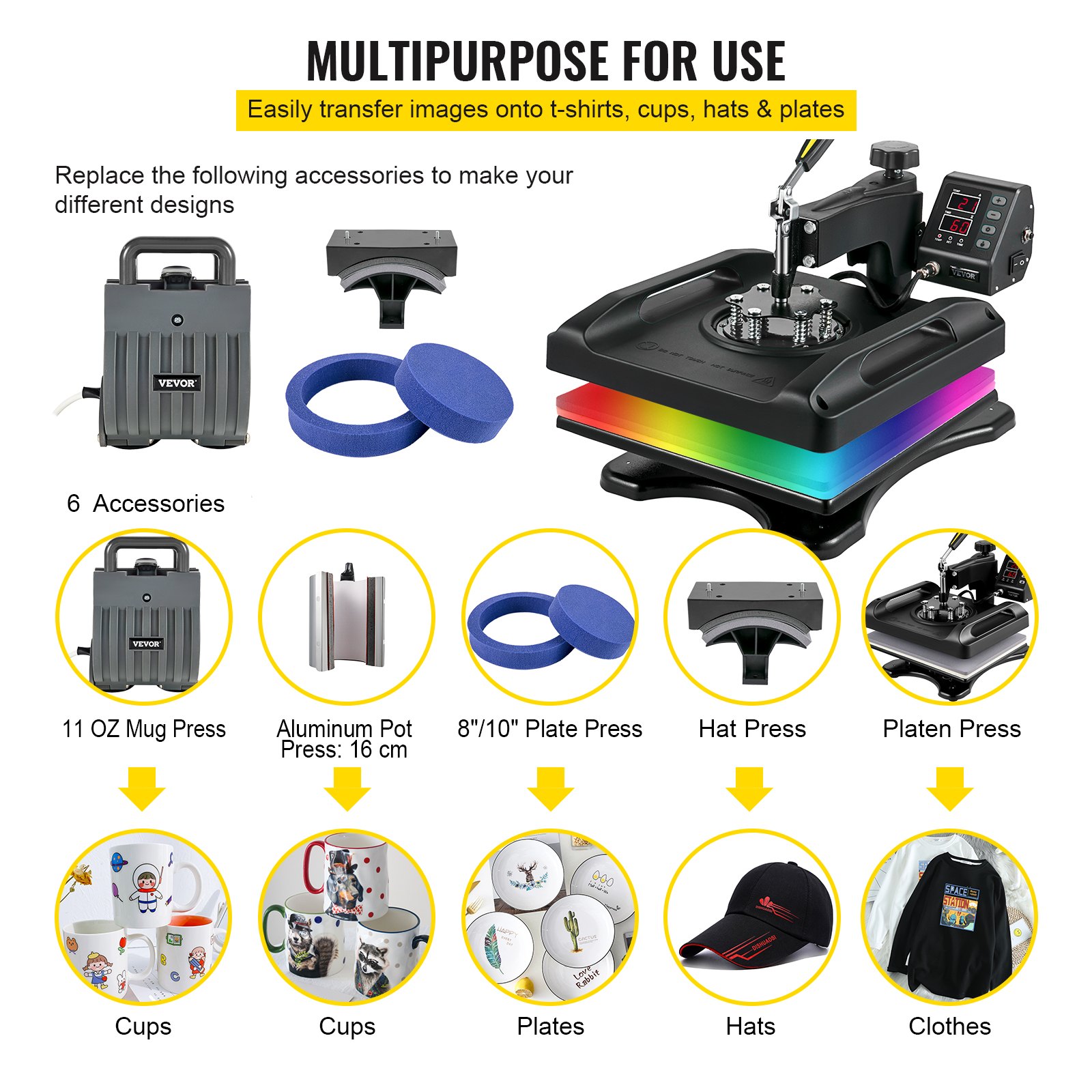 Vevor Heat Press Machine Heat Press Printer 38x38cm 6 In 1 Zwart 1000w T-shirt