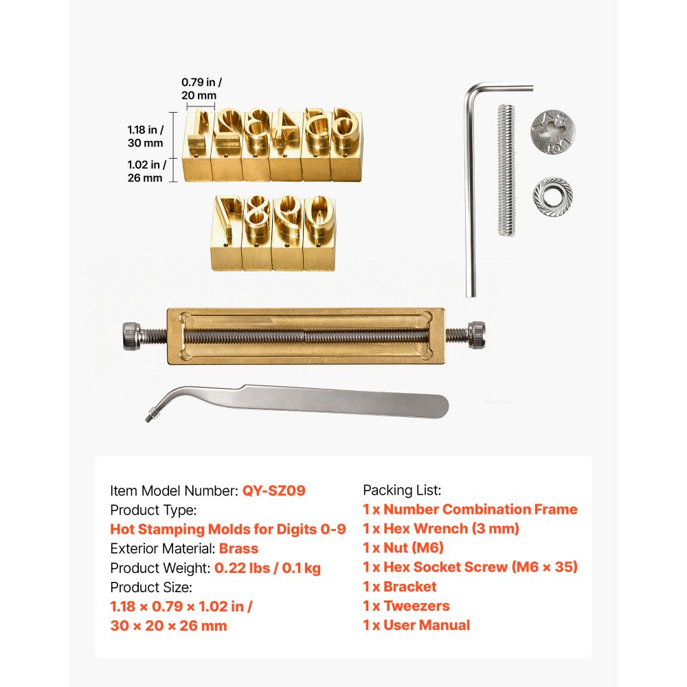 VEVOR Hot Stamping Cijfers Messing Embossinggereedschap 10-delige Set Cijferstempel, Compatibel met VEVOR Stansmachine, 0 tot 9, T-sleufontwerp, met Frame, Inbussleutel, Moeren, Schroeven, Houder, Pincet