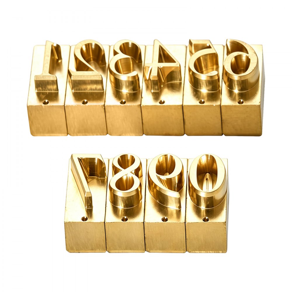VEVOR Hot Stamping Cijfers Messing Embossinggereedschap 10-delige Set Cijferstempel, Compatibel met VEVOR Stansmachine, 0 tot 9, T-sleufontwerp, met Frame, Inbussleutel, Moeren, Schroeven, Houder, Pincet