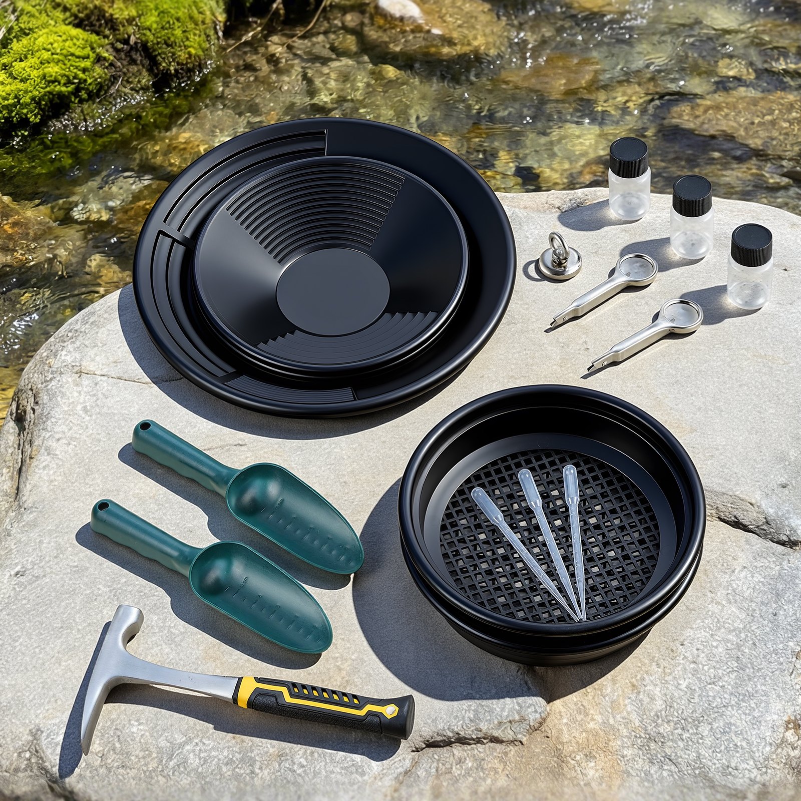 VEVOR Goudzoekset, 10 & 14 inch, PP Goudzoekbak, 19-delige draagbare set met zeefjes, zandmagneet, steenhouwer, schepjes, rugzak en accessoires, Goudzoekset, zwart