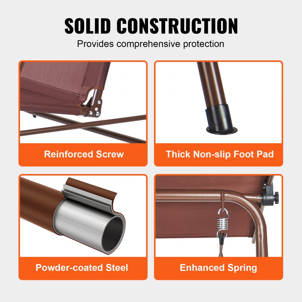 VEVOR 3-persoons patioschommel voor buiten, hangmat met verstelbare luifelarmleuningen, Teslin-stof en frame van gelegeerd staal voor balkon, achtertuin, tuin, zwembad, bruin