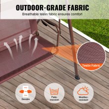 VEVOR 3 Person Patio Swing Outdoor Porch Swing with Adjustable Canopy Armrests Teslin Fabric and Alloy Steel Frame for Balcony Backyard Garden Poolside Brown