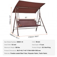 VEVOR 3 Person Patio Swing Outdoor Porch Swing with Adjustable Canopy Armrests Teslin Fabric and Alloy Steel Frame for Balcony Backyard Garden Poolside Brown