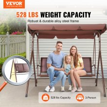 VEVOR 3 Seater Patio Swing Chair with Adjustable Canopy Porch Swing with Armrests Teslin Fabric and Alloy Steel Frame for Balcony Backyard Patio Garden Brown