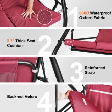 VEVOR 3 Seater Patio Swing Chair, Porch Swing with Adjustable Canopy, Removable Cushion and Alloy Steel Frame, for Balcony, Backyard, Poolside, Burgundy