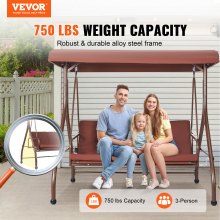VEVOR 3 Seater Patio Swing Chair, Porch Swing, Patio Swing with Adjustable Canopy, Removable Cushion and Alloy Steel Frame, for Balcony, Backyard, Poolside, Brown