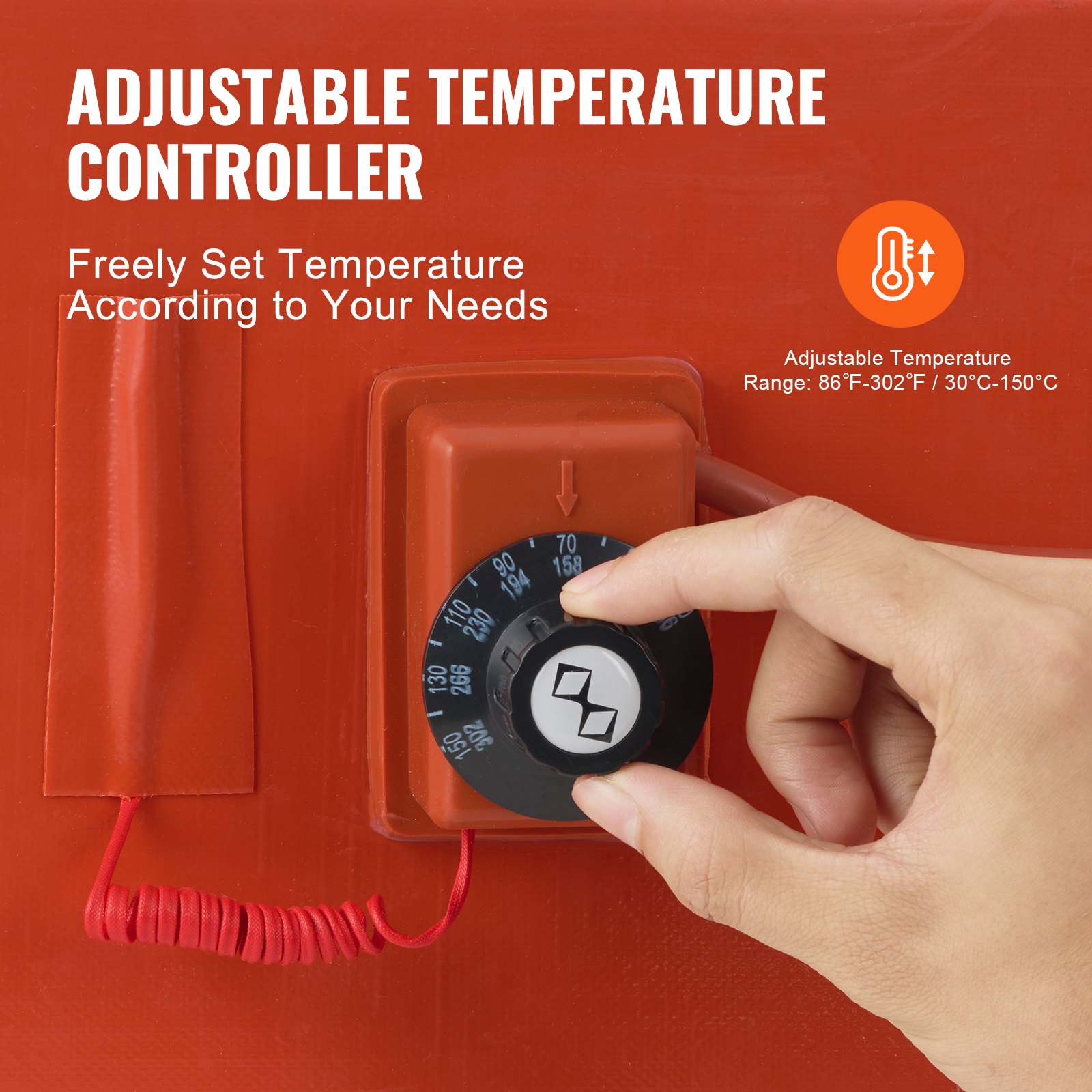 VEVOR Metal Drum Heater, 1200 Watt 10 inch Width, Pail Heating Band for 55 Gallon Barrel, 86-302℉ Adjustable Thermostat, High Efficiency Silicone Grease Keg Heater, CE Tested Orange