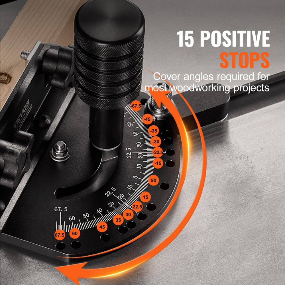 VEVOR Precision Miter Gauge, Standard Slot 3/4'' x 3/8'', Aluminum Alloy Table Saw Miter Gauge with 24 in Grating 15 Angle Stops Adjustable Spring Loaded Plunger and Removable Disc, for Woodworking
