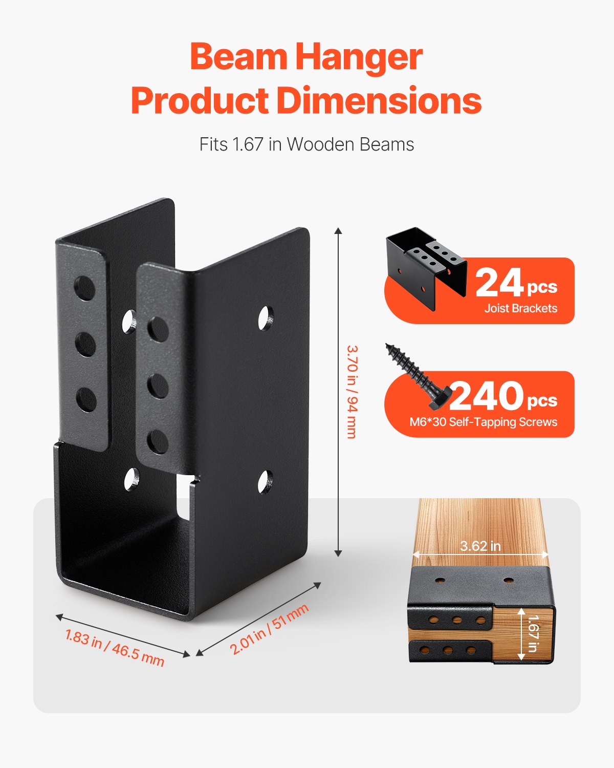 VEVOR Concealed Joist Hanger, 2x4 Inch Outdoor Concealed-Flange Joist Bracket with Screws, Steel Light Joist Hangers for 1.93 x 3.62 Inch / 49 x 92 mm Beam, Swing, Fence, Wooden Slides, 24 Pcs