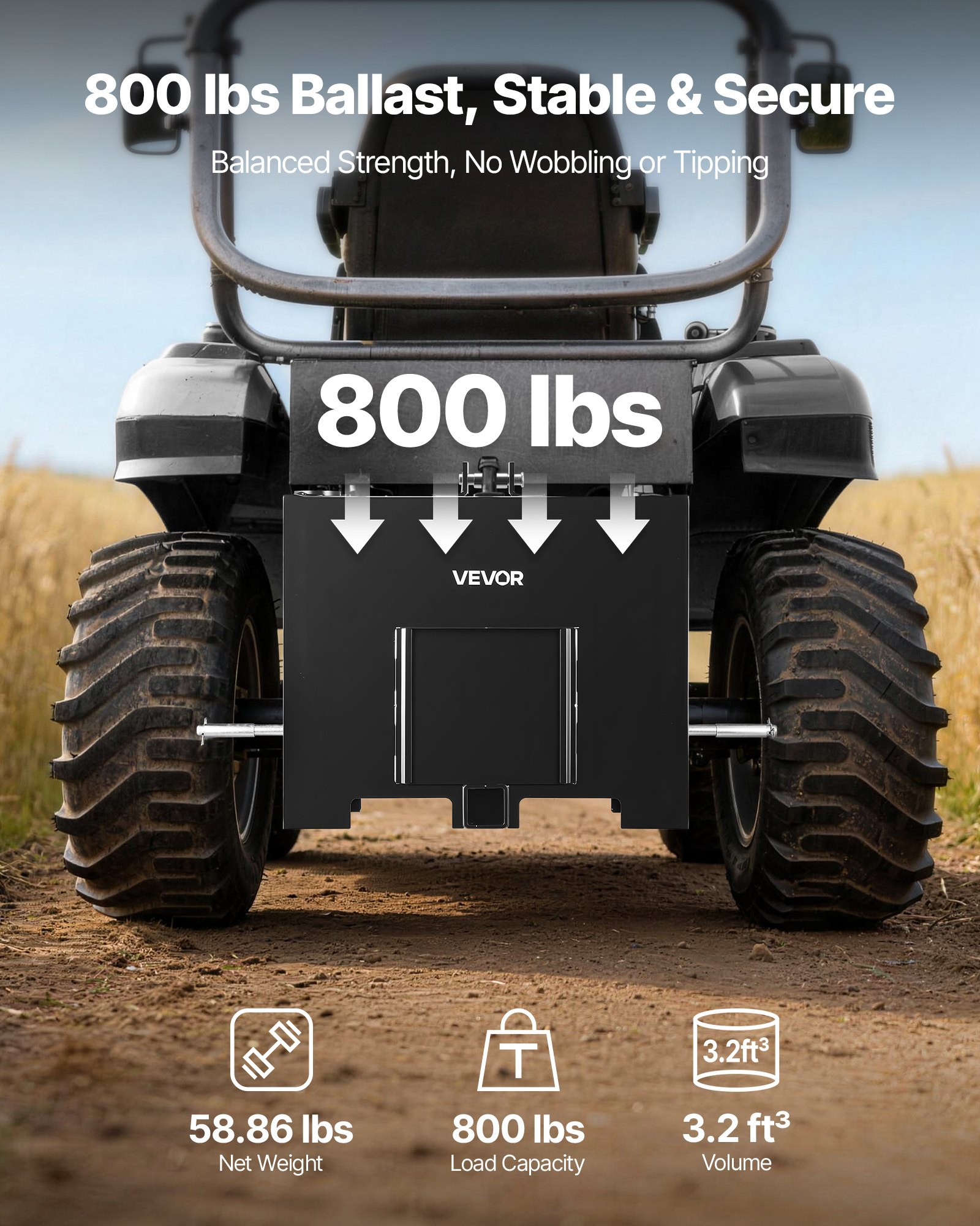 VEVOR ballastbak, 3-punts tractorballast categorie 1 met een laadvermogen van 363 kg, met standaard 2-inch trekhaak, stalen constructie, 0,09 m³ volume, laderbevestiging met schuifdeur, zwart