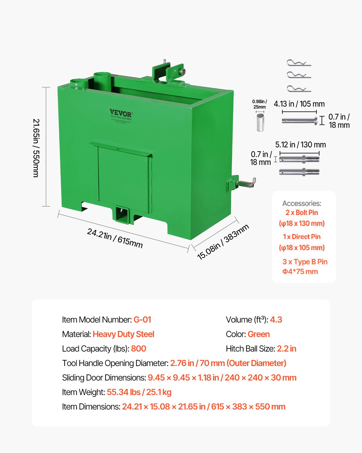 VEVOR-aanhangwagenkoppelingsballast, categorie 1 3-punts tractorballastbak met een capaciteit van 363 kg, voor 5,6 cm-aanhangwagenkoppeling, stalen laderbevestiging met grote capaciteit en schuifdeur, groen