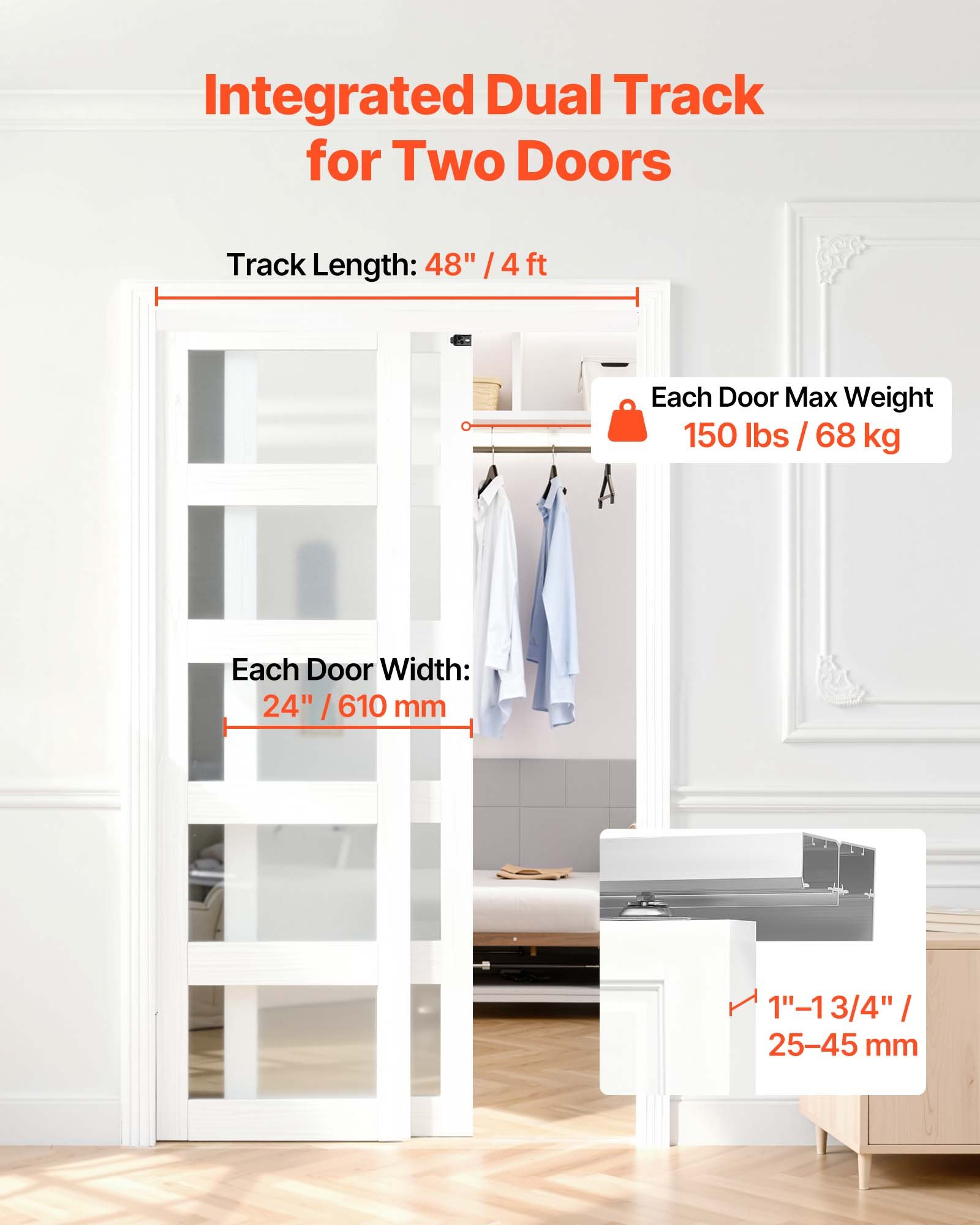 VEVOR Bypass Sliding Door Hardware Kit, 4 ft Aluminum Alloy Dual-Track Bypass Door Hardware, Smooth and Quiet Sliding, Easy to Install, for 1" to 1 3/4" Thickness 24" Width 2 Door System, for Closet