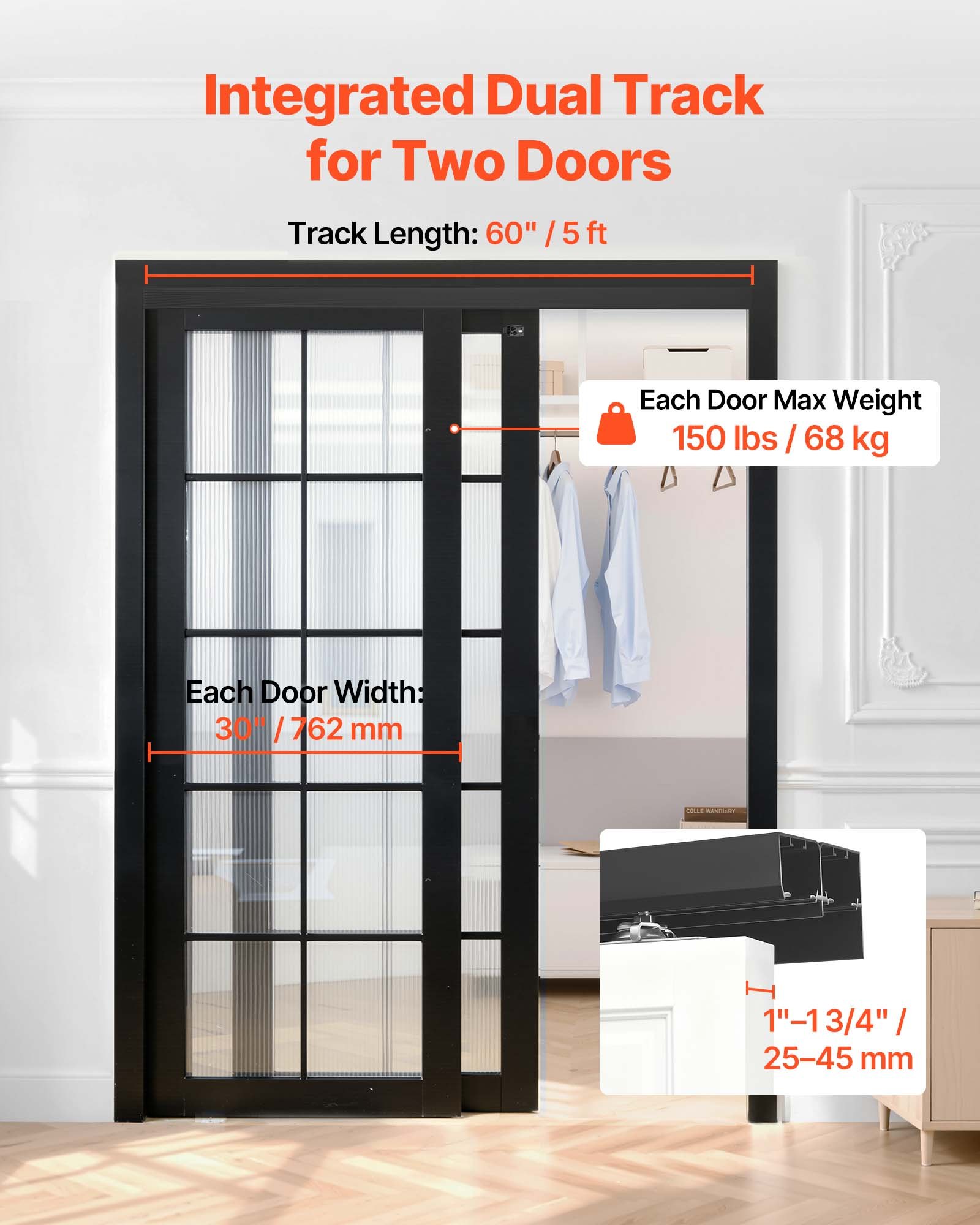 VEVOR schuifdeurbeslagset 1524 mm, dubbele schuifdeurrail van aluminiumlegering, dubbel railsysteem voor kasten (25-45 mm dikte / 762 mm breedte), soepele en stille werking