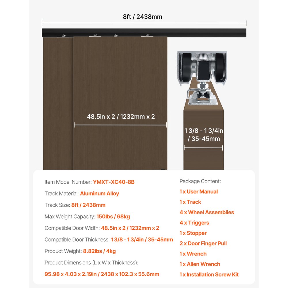 VEVOR Schuifdeurbeslag Railset Schuifdeursysteem 2438 mm, Dubbele rails Schuifdeursysteem Gemaakt van aluminiumlegering, Geschikte deurbreedte 1232 mm x 2, Schuifdeurbeslag Draagvermogen 68 kg