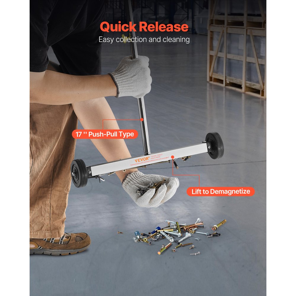 VEVOR Magnetische veger met wielen, 43 cm, draagvermogen 4,5 kg, magnetische borstel met verstelbare handgreep, voor het oppakken van spijkers en schroeven, reiniging voor garages, dakprojecten