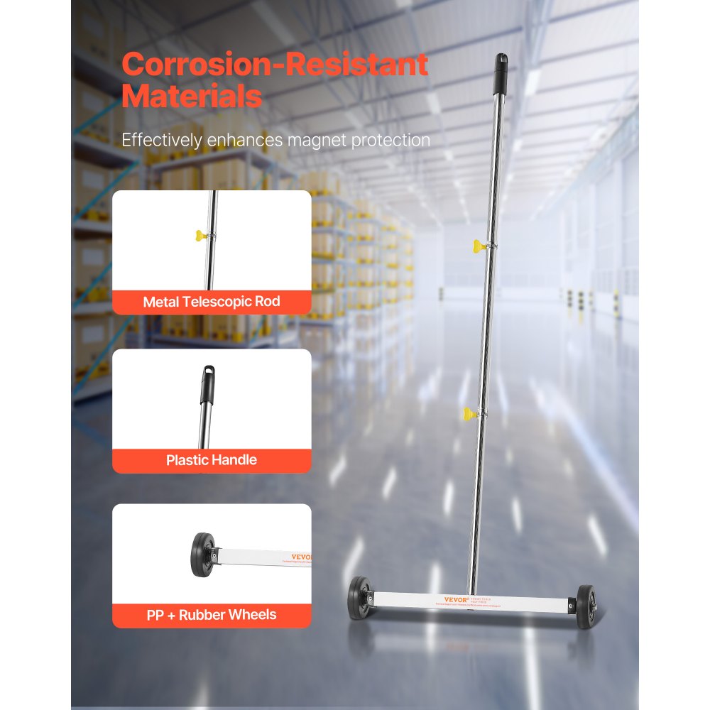 VEVOR Magnetische veger met wielen, 43 cm, draagvermogen 4,5 kg, magnetische borstel met verstelbare handgreep, voor het oppakken van spijkers en schroeven, reiniging voor garages, dakprojecten