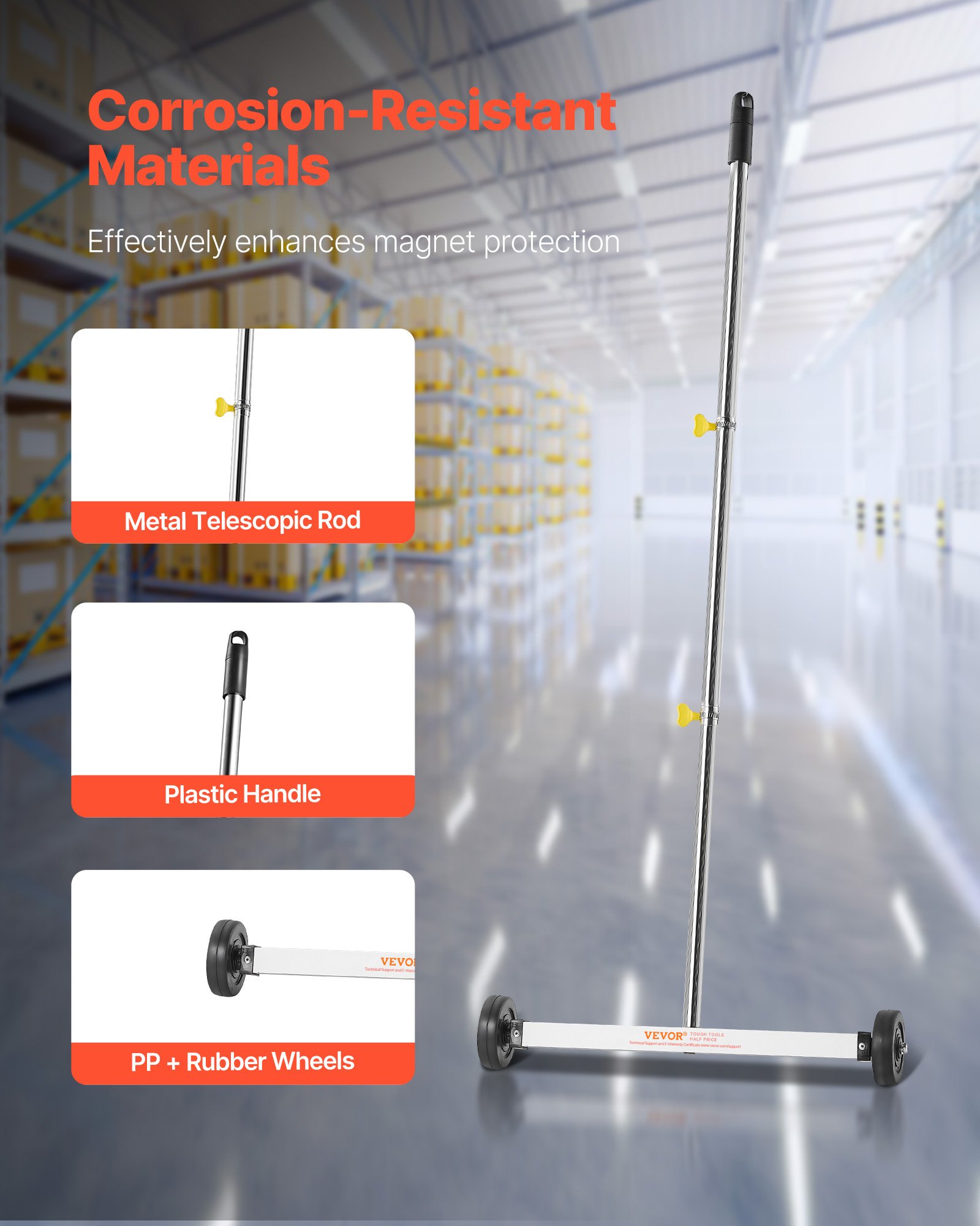 VEVOR Magnetische veger met wielen, 43 cm, draagvermogen 4,5 kg, magnetische borstel met verstelbare handgreep, voor het oppakken van spijkers en schroeven, reiniging voor garages, dakprojecten