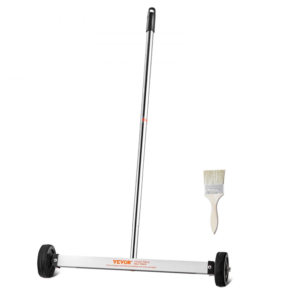 VEVOR magnetic sweeper with wheels and long handle, accompanied by a paintbrush on white background.