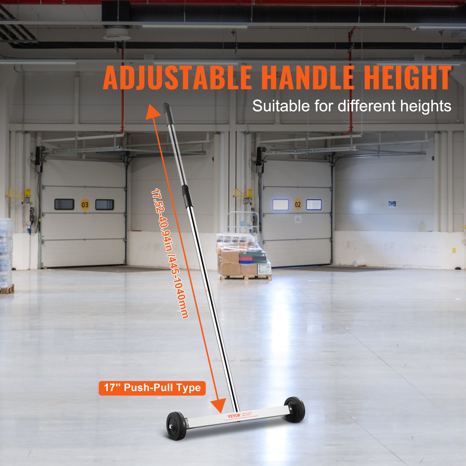 VEVOR Magnetische veger met wielen, 17-inch mini magnetische veger, 10 lbs capaciteit, verstelbare handgreep, lichtgewicht magnetische veger voor het verzamelen van spijkers en schroeven, eenvoudig opruimen van werkplaats en garage
