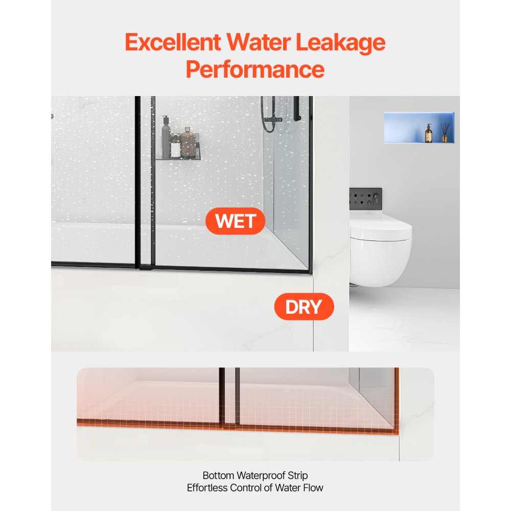 VEVOR Frameloze glazen schuifdeur voor bad of douche (1422-1524 x 1524 mm), schuifdeur voor bad of douche met 5/16 inch helder gehard glas en roestvrijstalen handgreep, zwarte afwerking