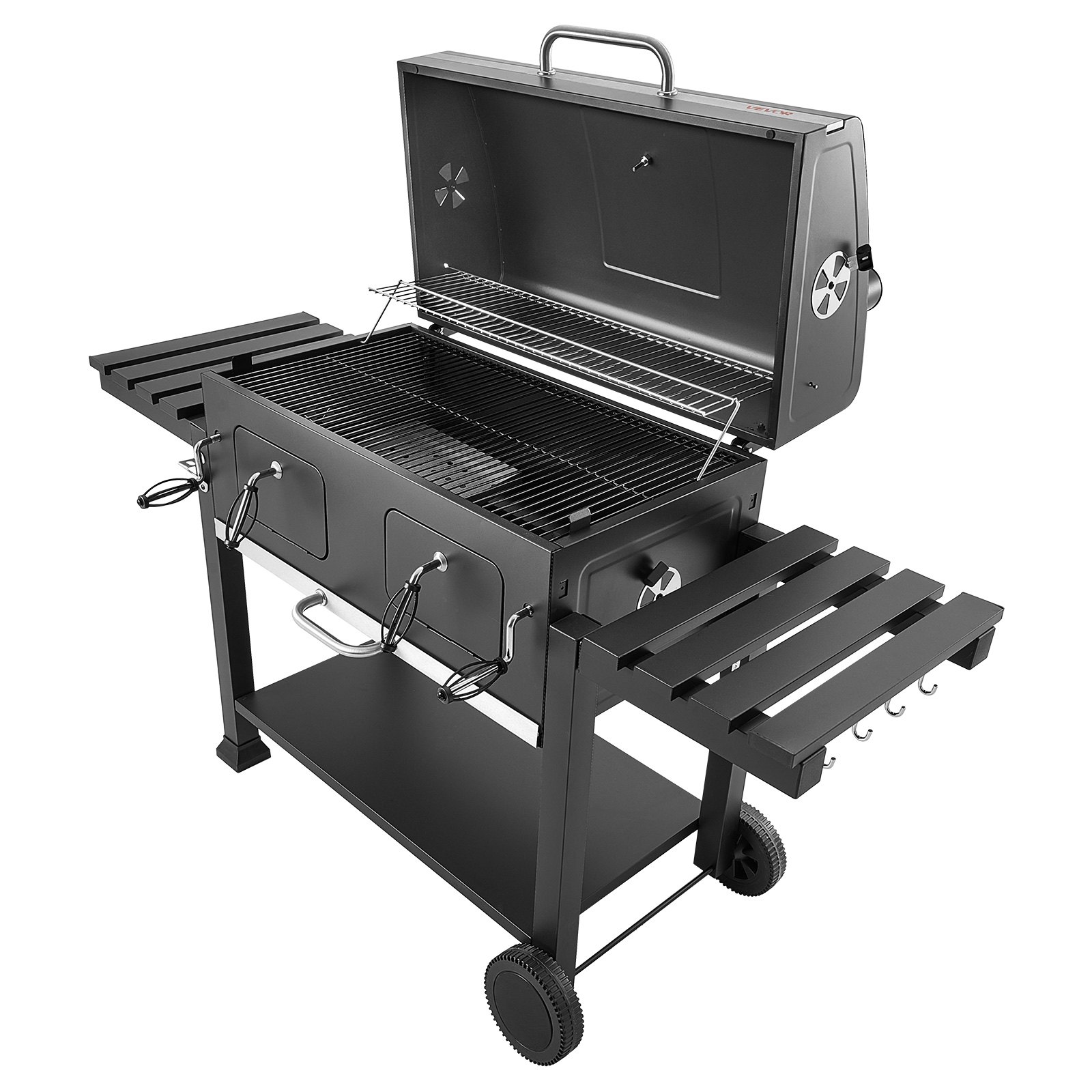 VEVOR Houtskoolgrill 0,50 m² Houtskoolgrillwagen met 2 opklapbare houtskoolbakken en inklapbare bijzettafels, hittebestendige, gepoedercoate stalen grill voor terras- en tuinfeesten