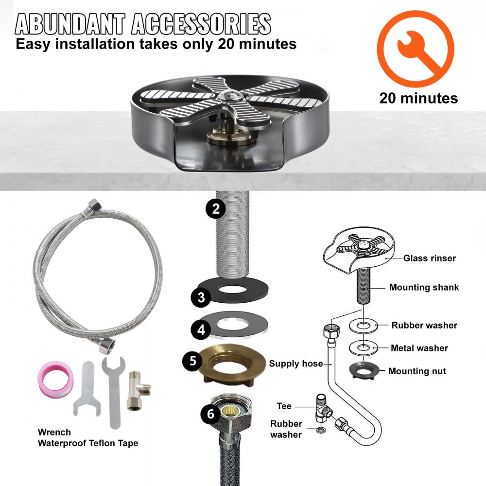 VEVOR glazenwasser, bekerwasser, 10 gaten, 360° draaibaar, RVS