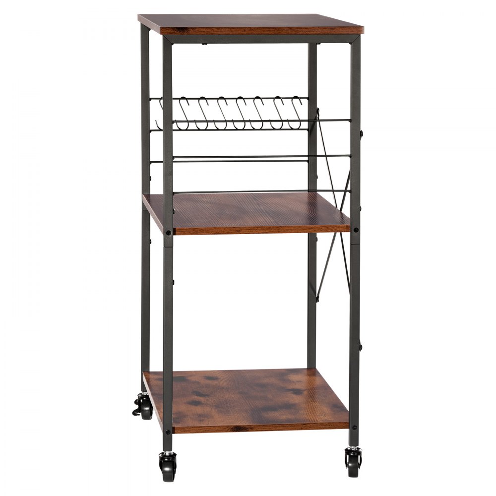 VEVOR 3-laags keukentrolley, robuuste serveerwagen tot 55 kg, rolwagen met 8 haken, metalen plank op wielen voor keuken, garage en wasruimte, roltafel 602 x 402 x 902 mm, vintage stijl