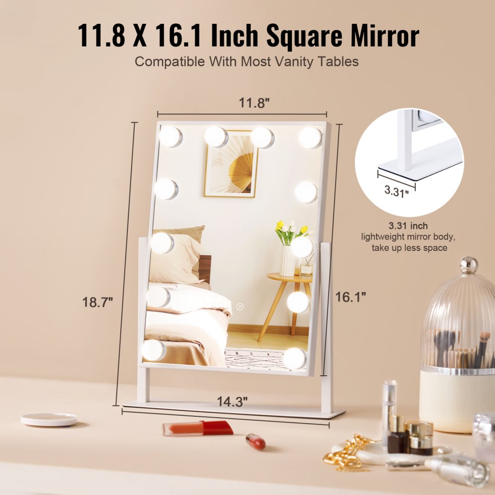 VEVOR Hollywood Vanity Mirror met verlichting, 12 dimbare lampen en 3 kleurstanden, cosmetische spiegel met verwijderbare 5x vergroting, slimme aanraakbediening, 360° rotatie, 410x300mm