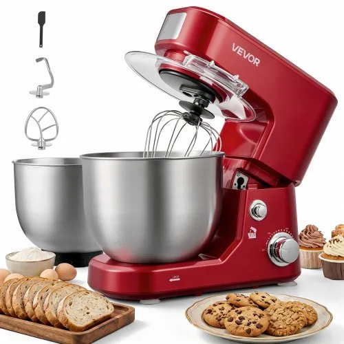 VEVOR elektrische kneedmachine 5 + 4 L 1000 W voor deeg, koekjesdeeg en crème, met 2 stapelbare SUS304 kommen, kantelbare kop, spatbescherming, antislipvoetjes en accessoireset.