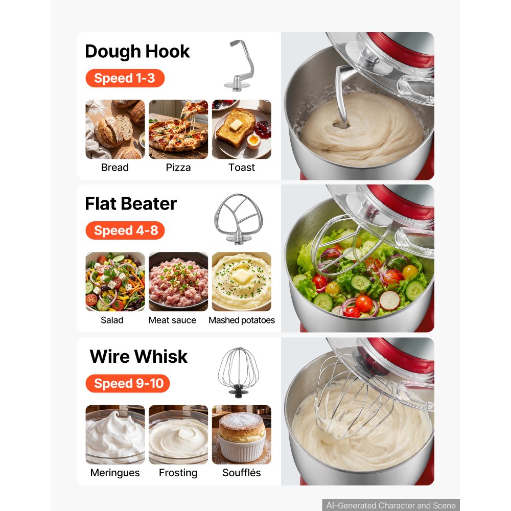 VEVOR 5L Tilt Head Stand Mixer 1000W Electric Dough Mixer, 10 Speeds Food Kitchen Mixer with Stainless Steel Bowl, Splash Guard, Dough Hook, Whisk, Beater, for Baking Mixing Whipping